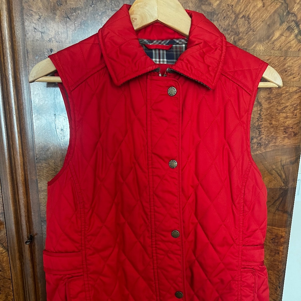 L.L. Bean Women's Quilted Vest, Orange with plaid interior, size small.